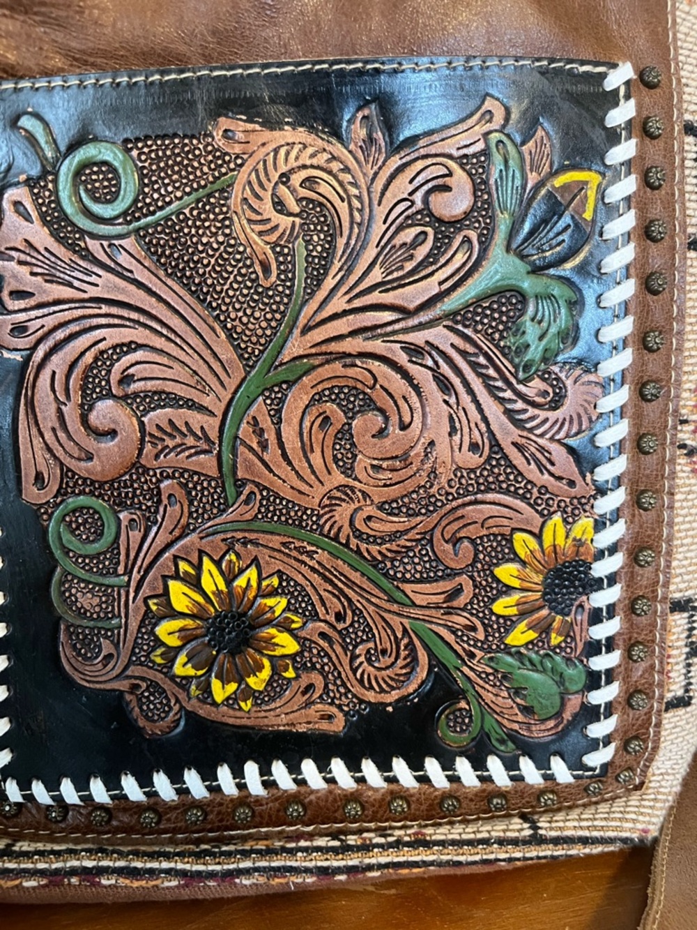 Myra Tooled Leather Crossbody Bag Purse Sunflower Floral Boho - Picture 2 of 9